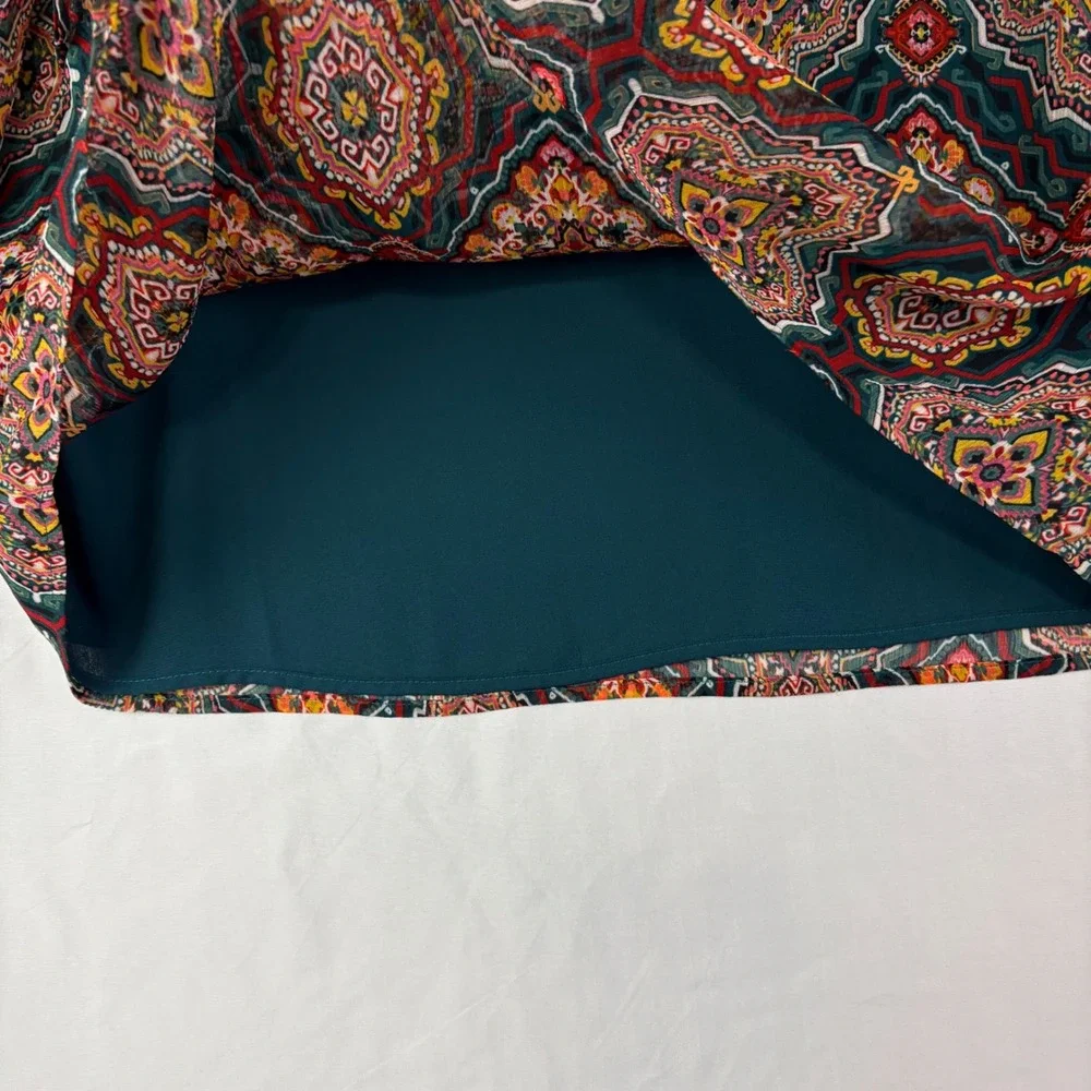 Loft M Petite Colorful Geometric Medallion Split Neck Blouse Boho Career Ruffle